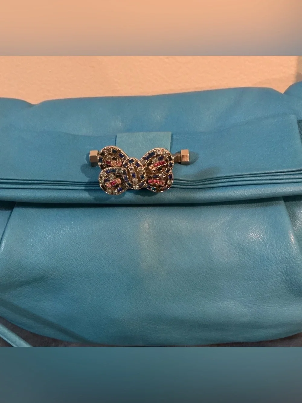 Renato Angi Turquoise Leather Rhinestone Bow Crossbody Shoulder Bag Clutch Vint
